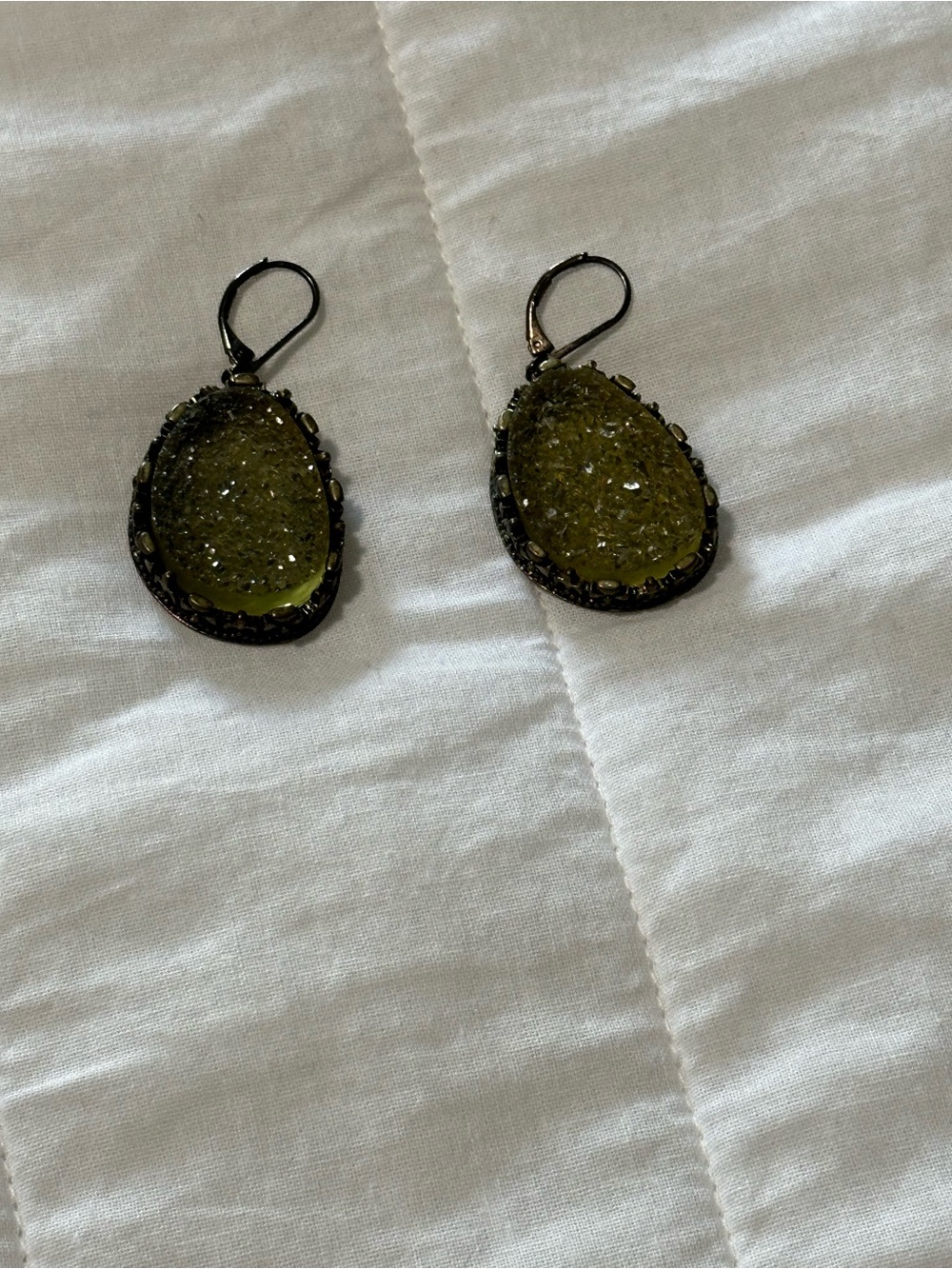 Olive Green Teardrop Druzy Drop Earrings with Dark Metal Setting